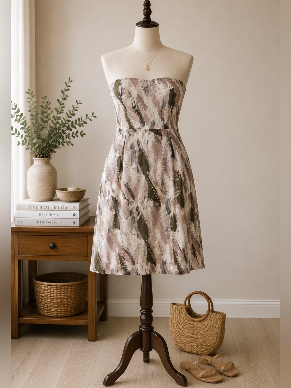 Banana Republic Linen Blend Strapless Dress Abstract Print Taupe Beige Olive M